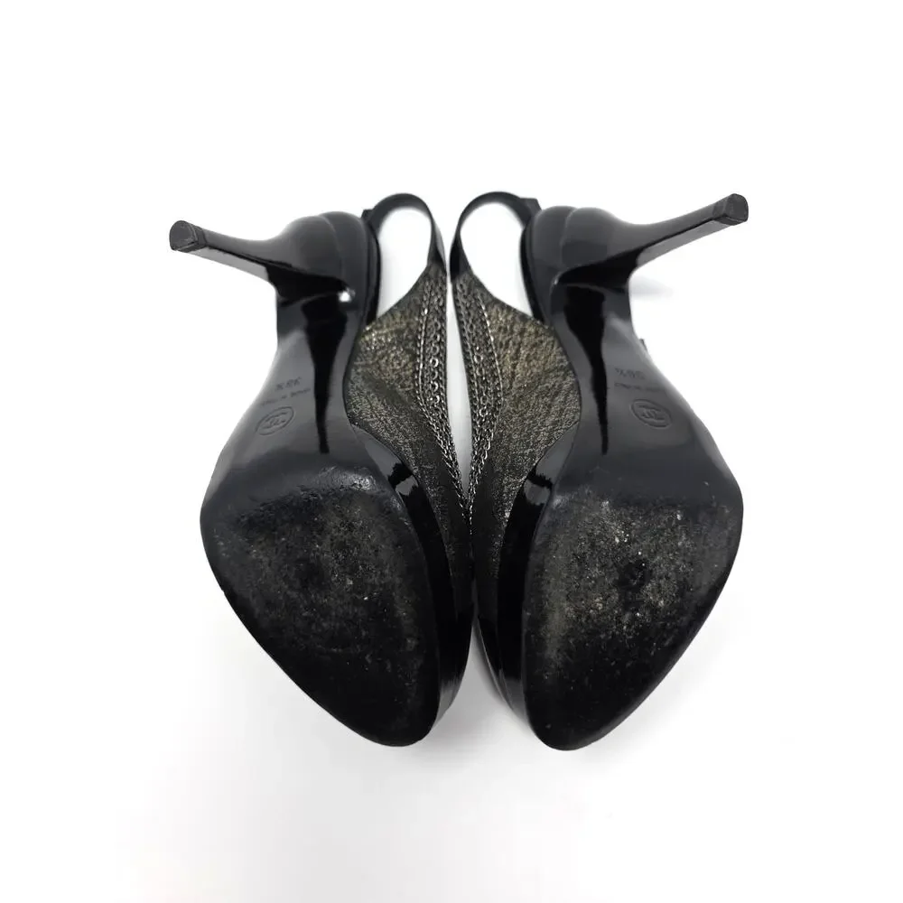 Chanel Slingback Platform Vintage Heels Cap Toe CC Logo Bow Chain Black 36.5 6